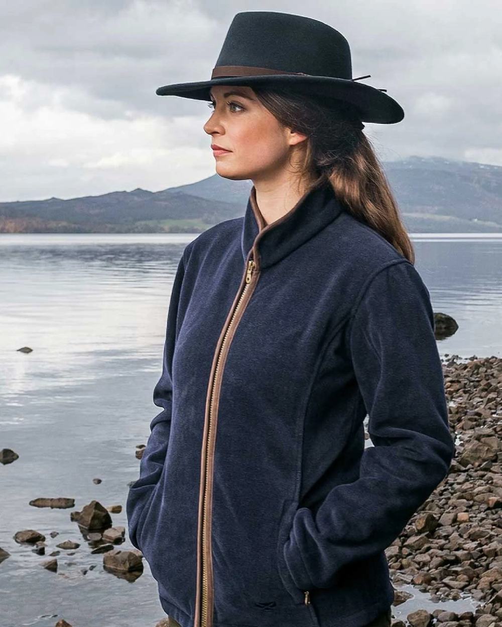 Navy Coloured Hoggs of Fife Perth Crushable Felt Hat on coastal background 