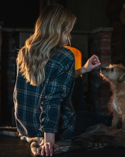 Blue Brown White coloured Hoggs of Fife Pitlessie Button Down Flannel Shirt on indoor background 