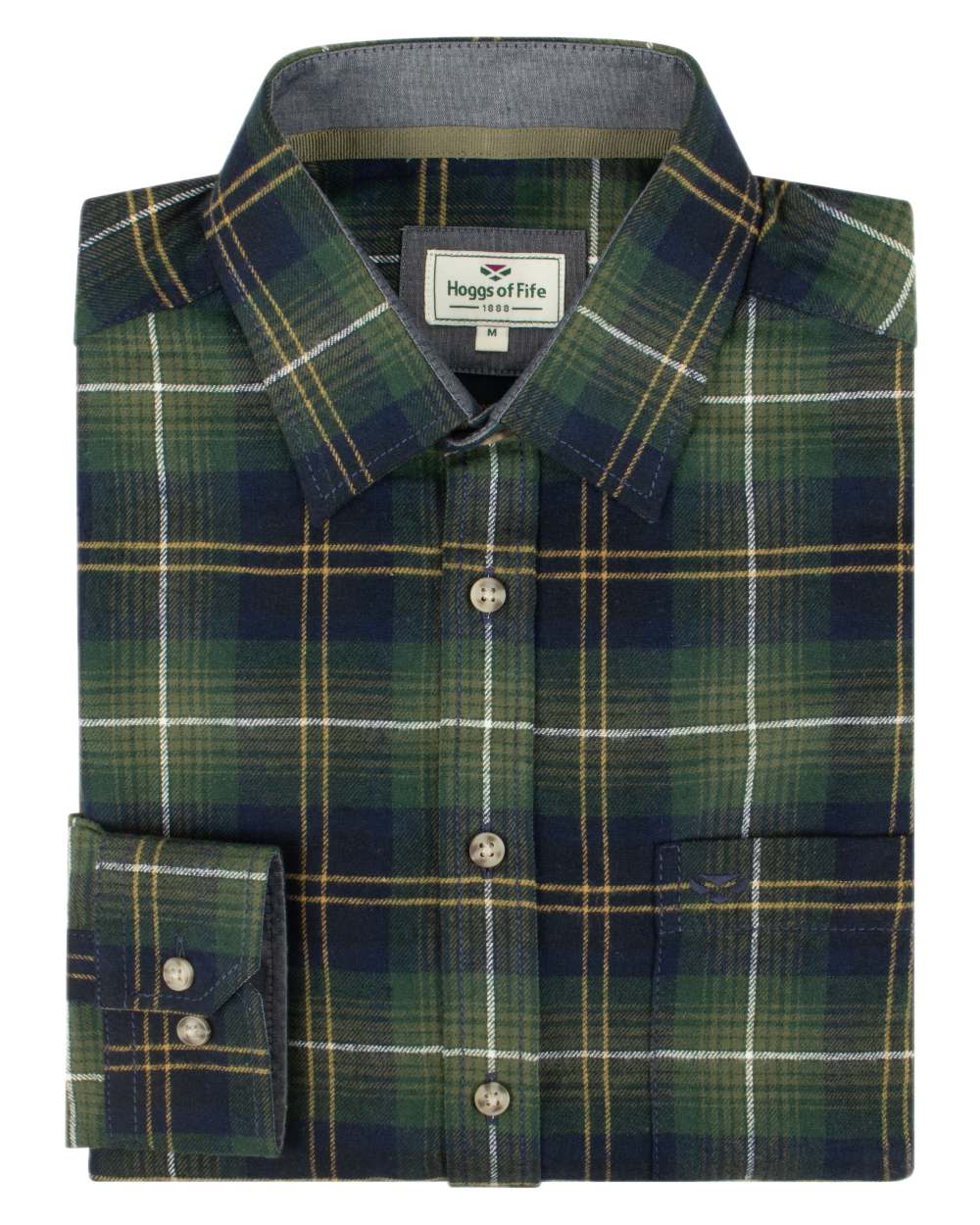 Green Check Coloured Hoggs of Fife Pitmedden Flannel Check Shirt on white background 