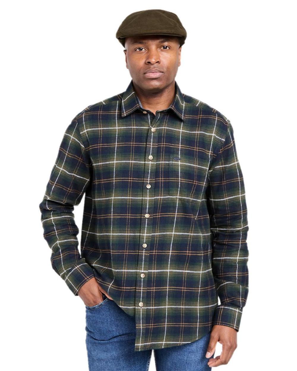 Green Check Coloured Hoggs of Fife Pitmedden Flannel Check Shirt on white background 