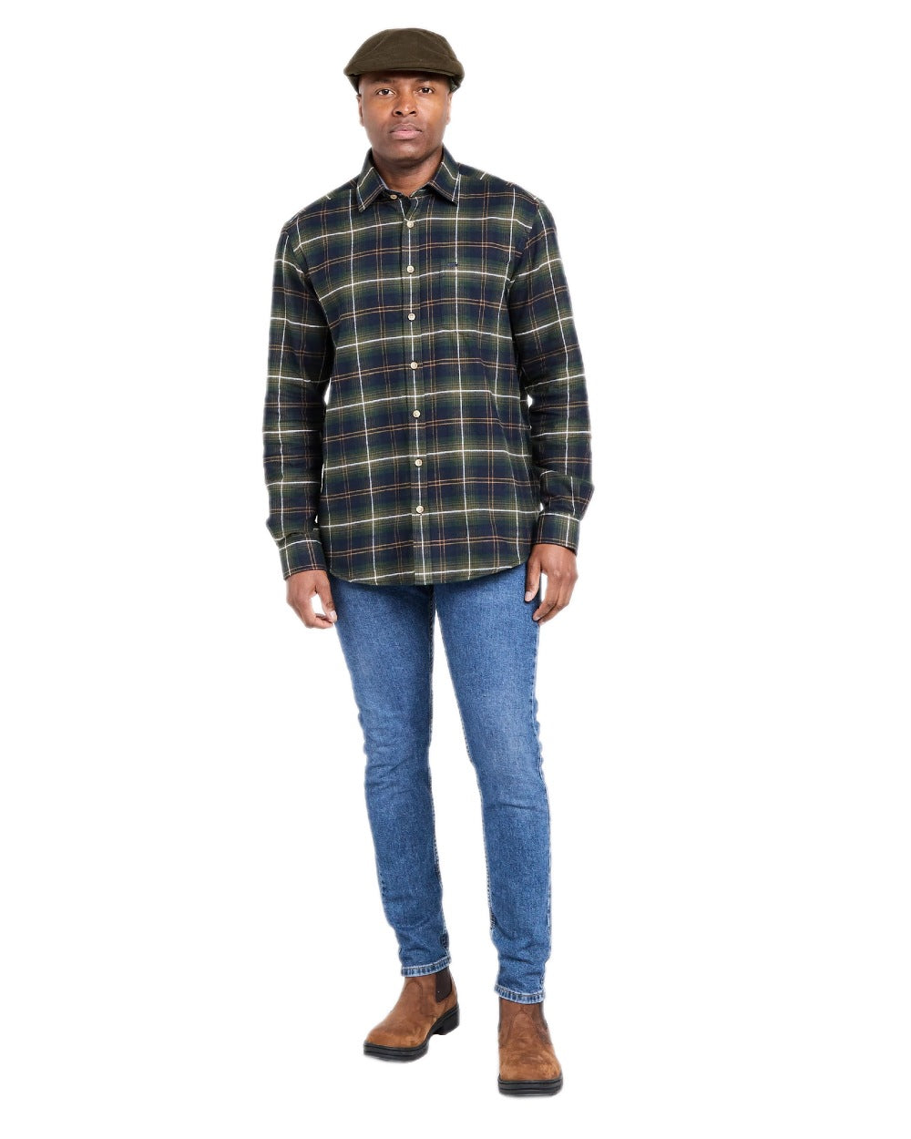 Green Check Coloured Hoggs of Fife Pitmedden Flannel Check Shirt on white background 