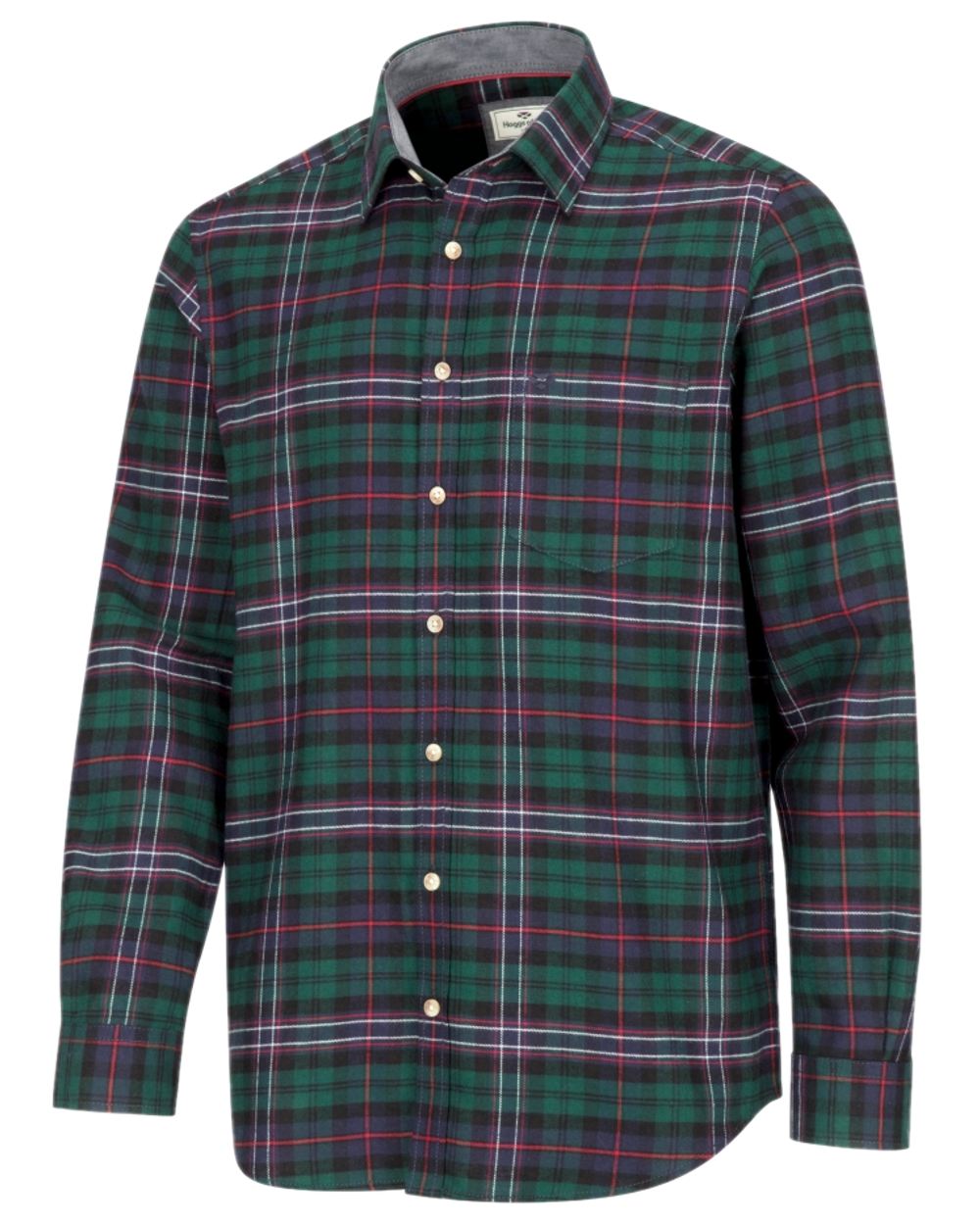 Dark Green Tartan Check Coloured Hoggs of Fife Pitscottie Flannel Shirt on white background 