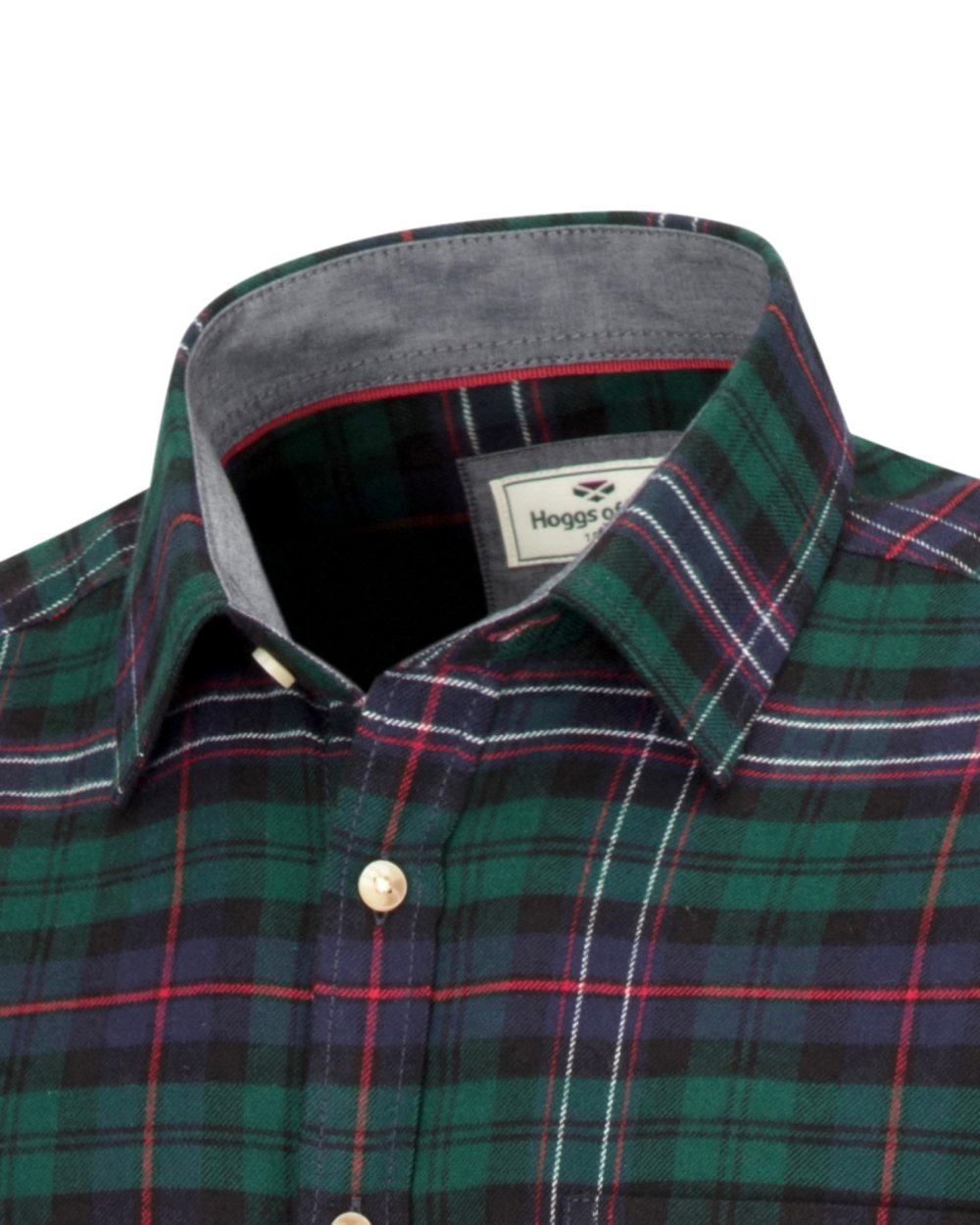 Dark Green Tartan Check Coloured Hoggs of Fife Pitscottie Flannel Shirt on white background 