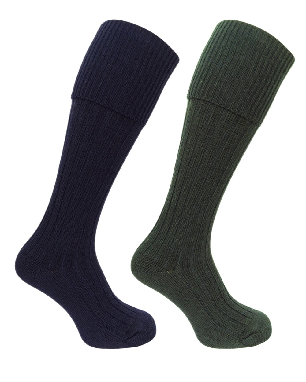 Dark Olive Dark Navy Coloured Hoggs of Fife Plain Turnover Top Stockings Twin Pack on white background 