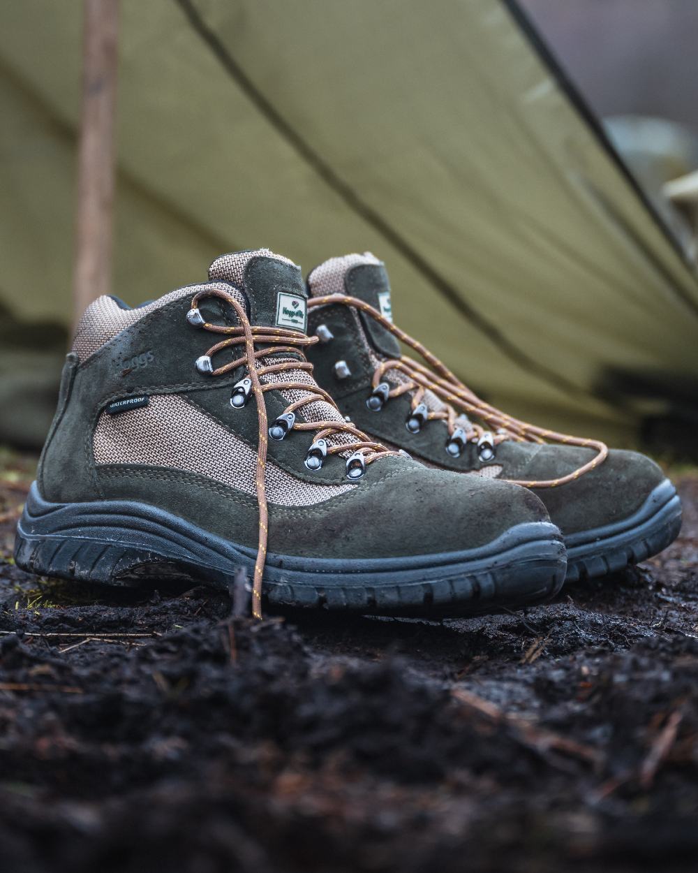 Fern Green Coloured Hoggs of Fife Rambler Waterproof Hiking Boots on tent background 