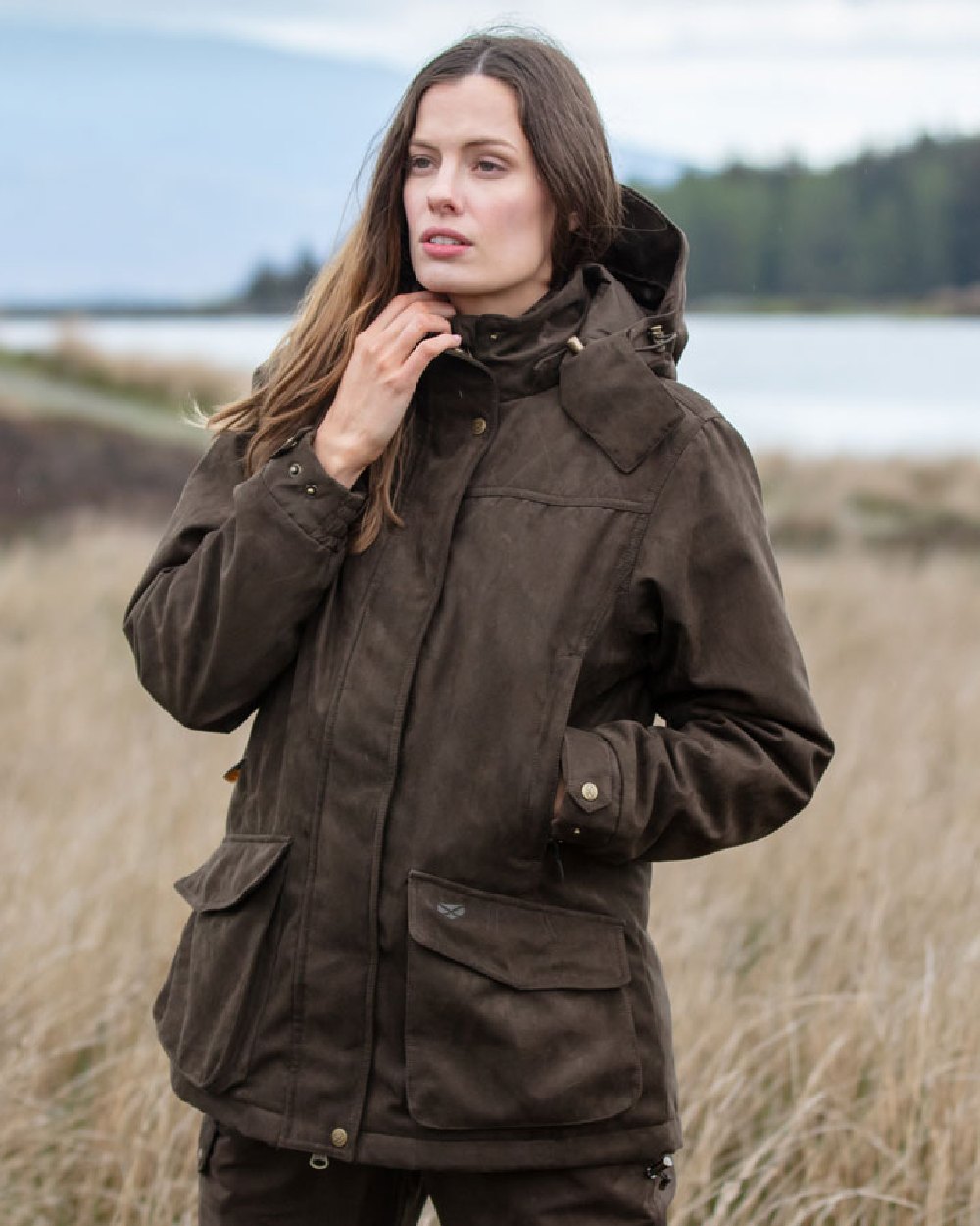 Field Green Coloured Hoggs of Fife Rannoch Ladies Hunting Jacket on grass background 