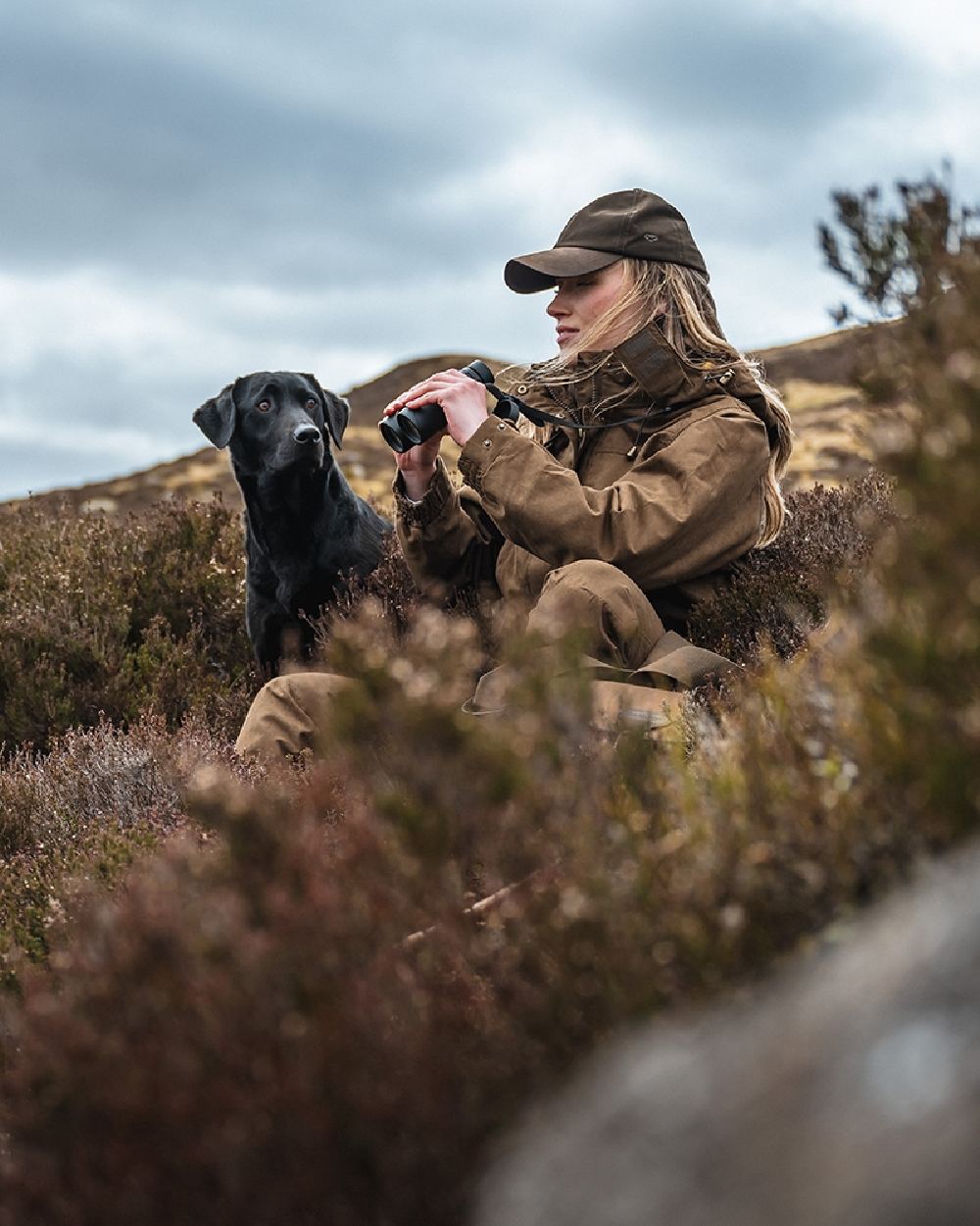 Field Green Coloured Hoggs of Fife Rannoch Ladies Hunting Jacket on sky background 