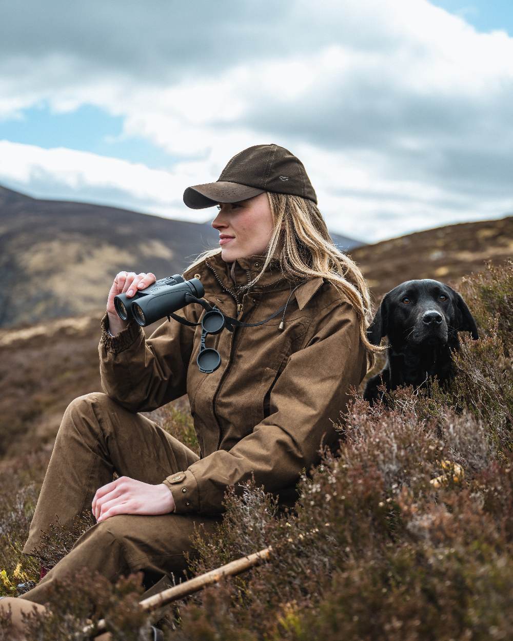 Field Green Coloured Hoggs of Fife Rannoch Ladies Hunting Jacket on mountain background 