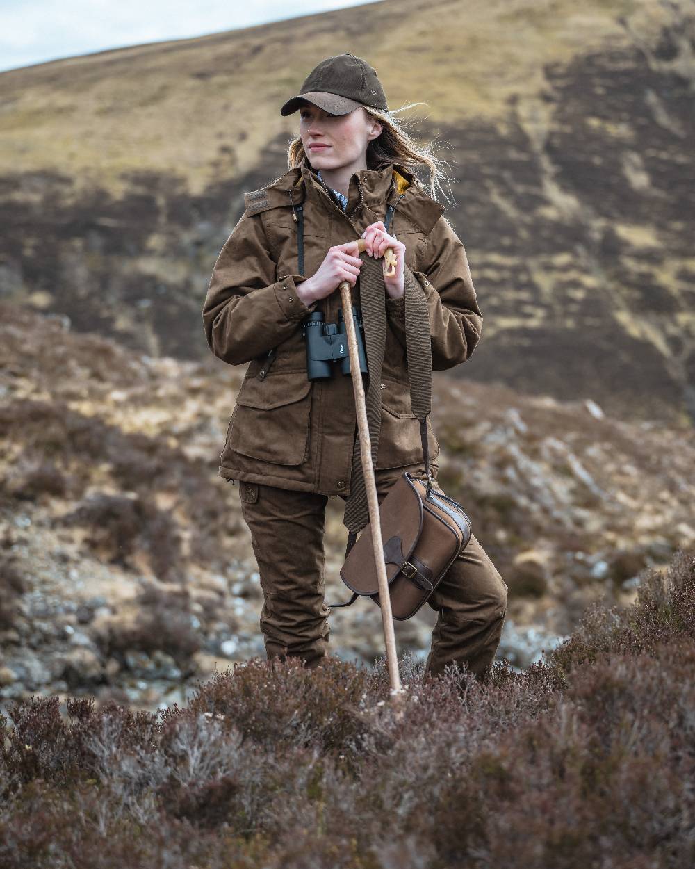 Field Green Coloured Hoggs of Fife Rannoch Ladies Hunting Jacket on mountain background 