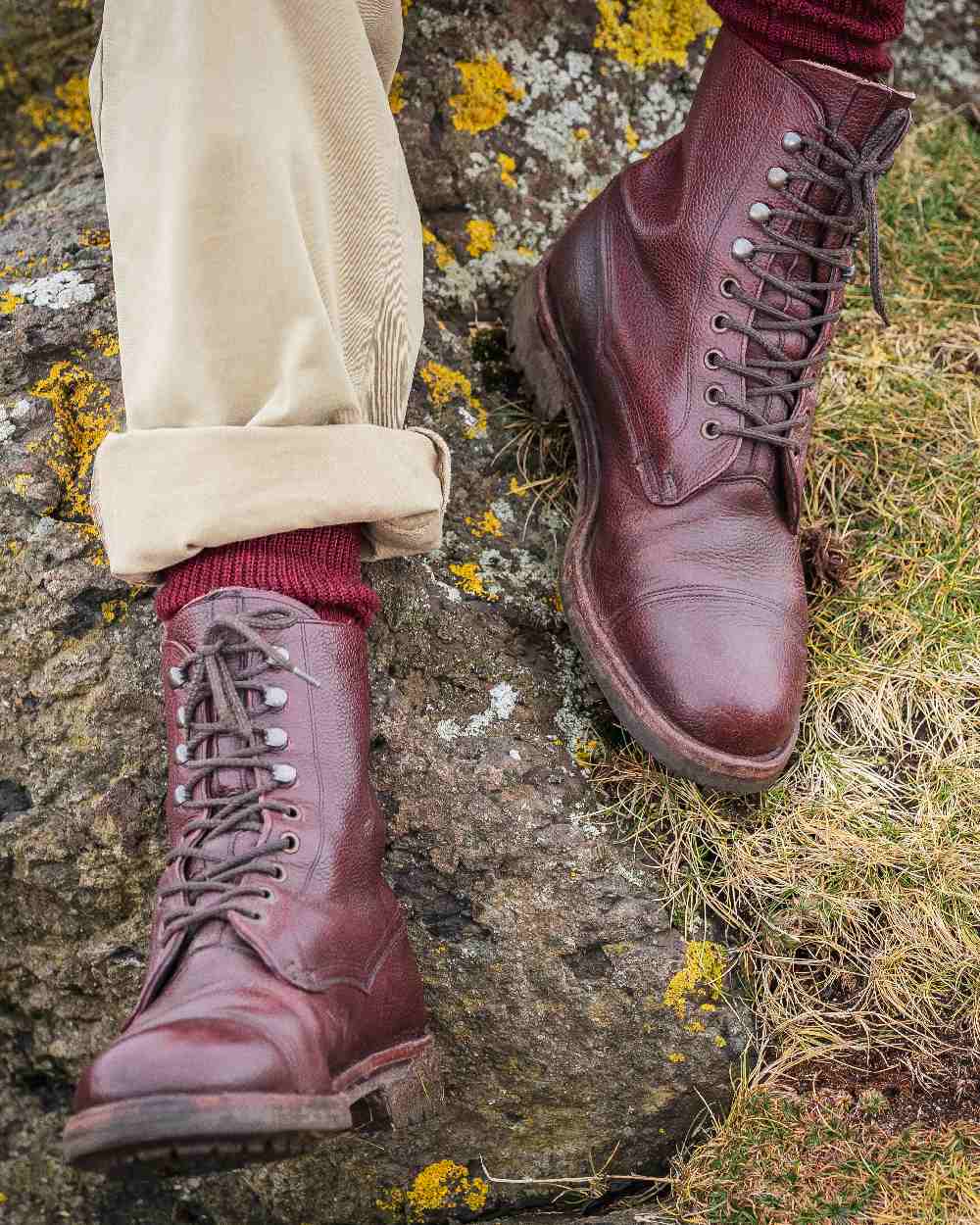 Dark Brown Coloured Hoggs of Fife Rannoch Veldtschoen Lace Boot on land background 