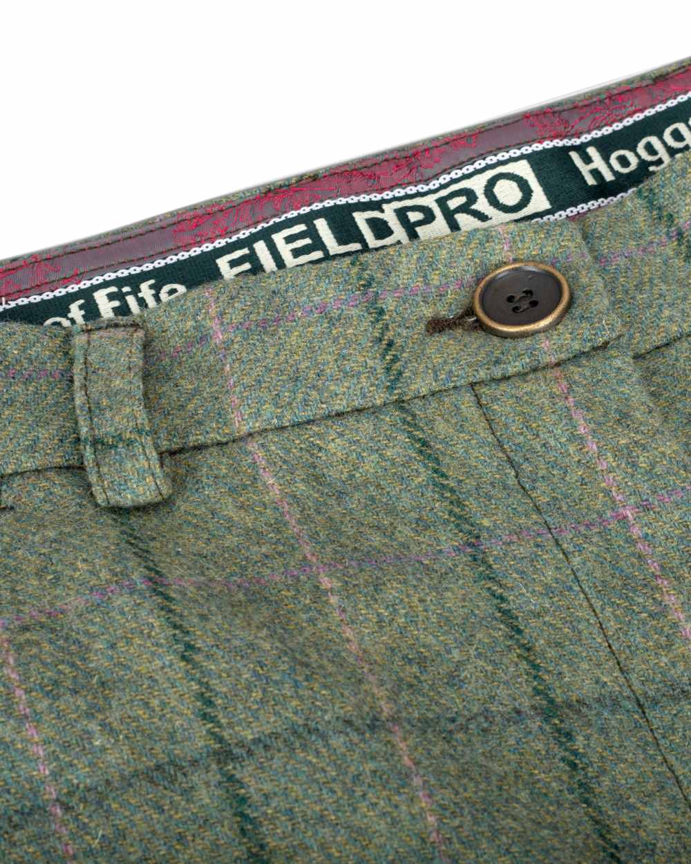 Spring Bracken Green Coloured Hoggs of Fife Roslin Ladies Technical Tweed Breeks on white background 