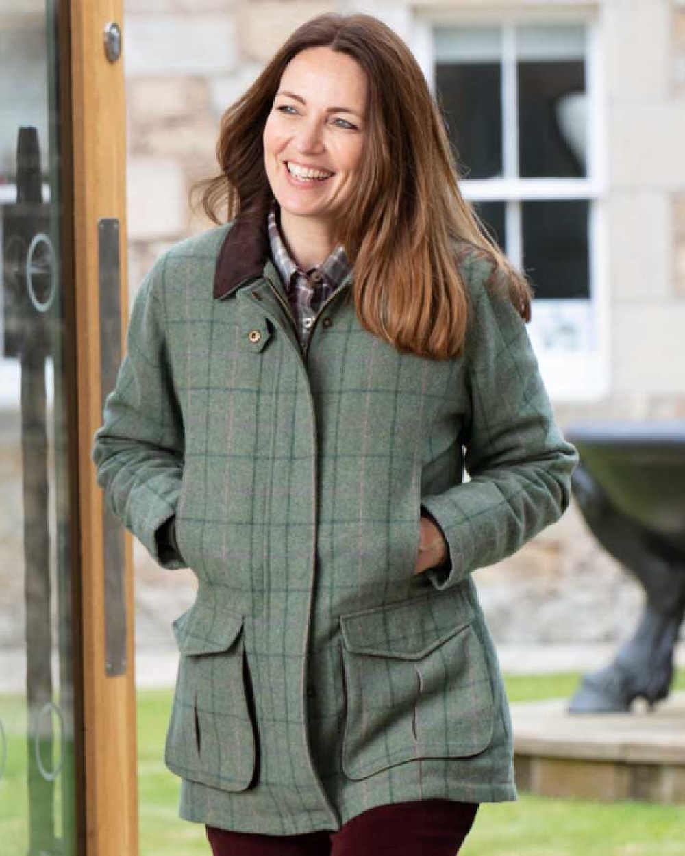 Spring Bracken Coloured Hoggs of Fife Roslin Ladies Technical Tweed Field Coat on door background 