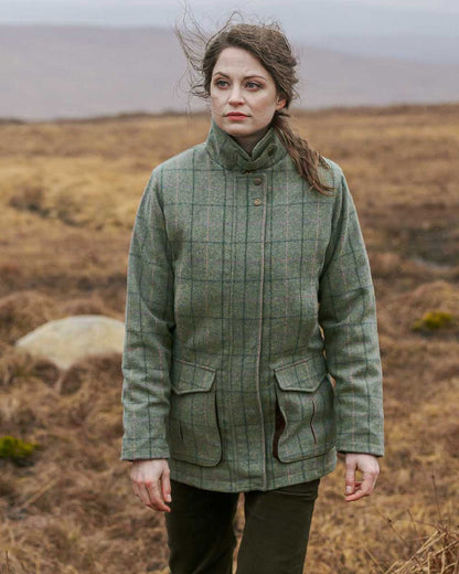 Spring Bracken Coloured Hoggs of Fife Roslin Ladies Technical Tweed Field Coat on countryside background 