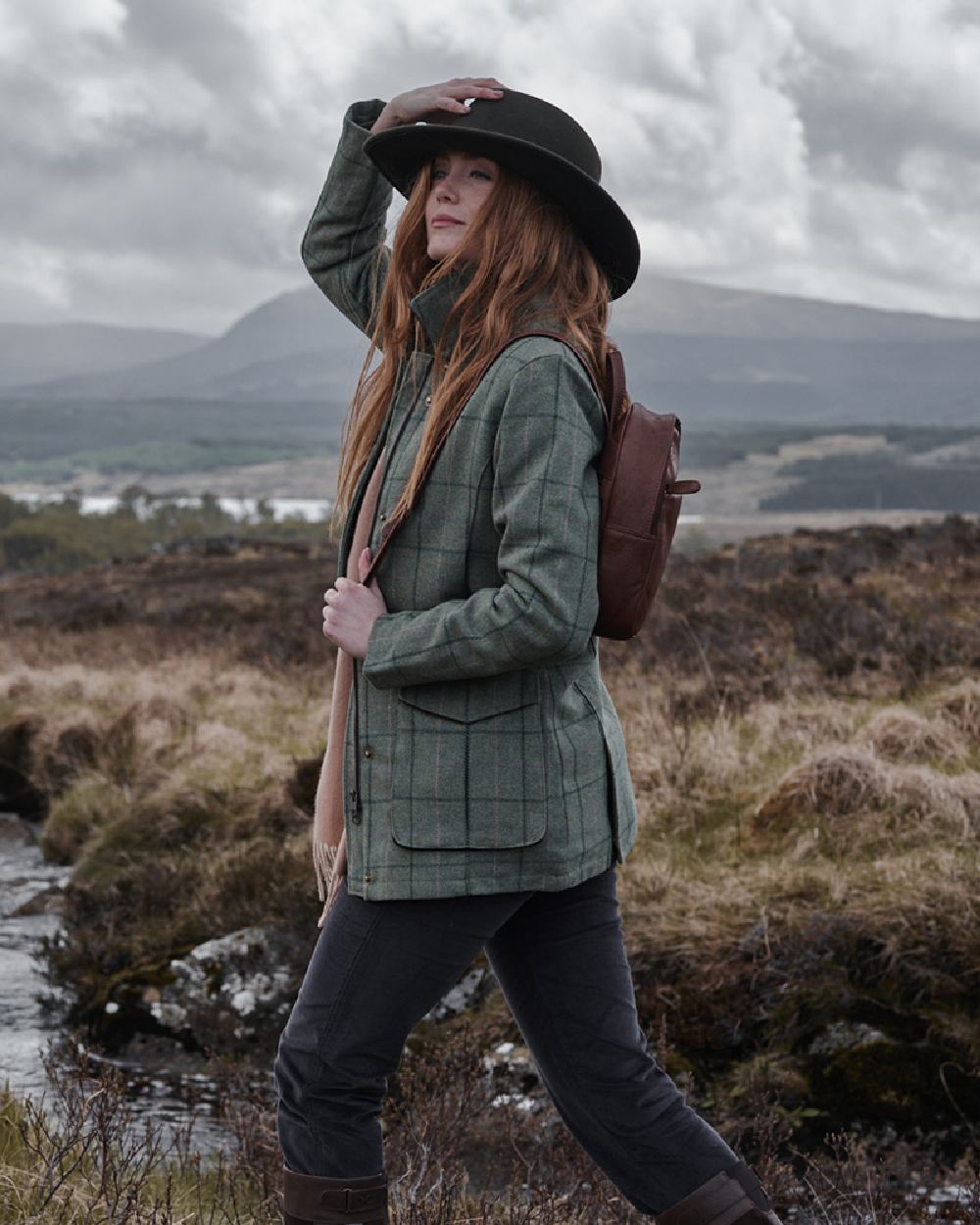 Spring Bracken Coloured Hoggs of Fife Roslin Ladies Technical Tweed Field Coat on countryside background 