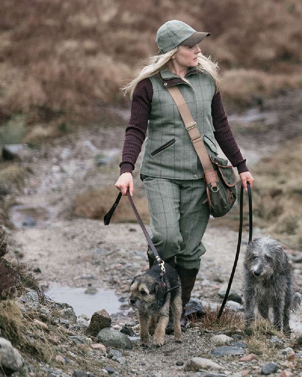 Spring Bracken Coloured Hoggs of Fife Roslin Ladies Technical Tweed Waistcoat on countryside background 