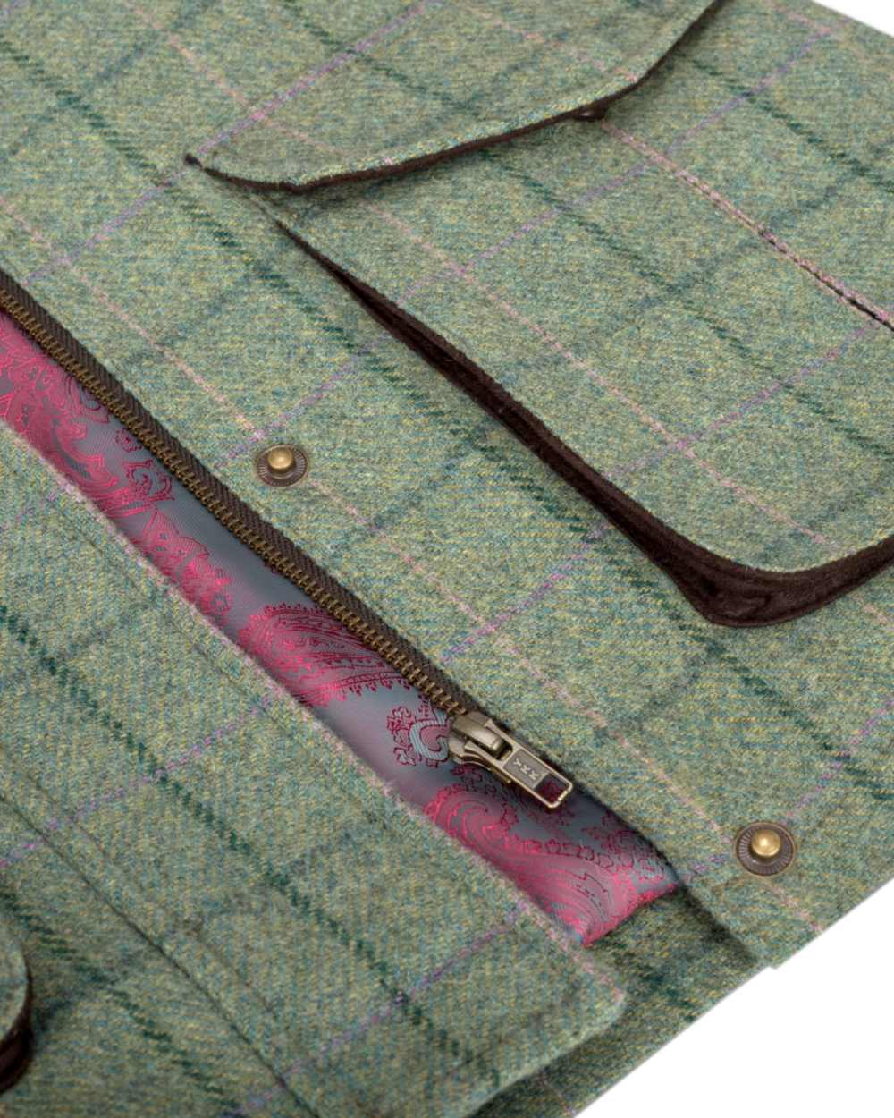 Spring Bracken Coloured Hoggs of Fife Roslin Ladies Technical Tweed Waistcoat on white background 