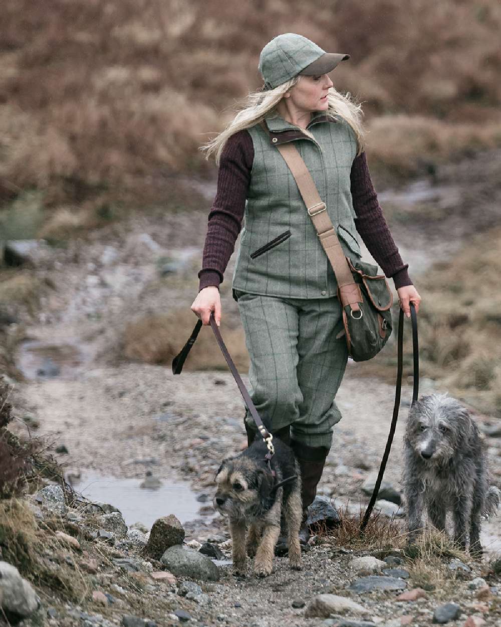 Spring Bracken Coloured Hoggs of Fife Roslin Ladies Tweed Baseball Cap on countryside background 