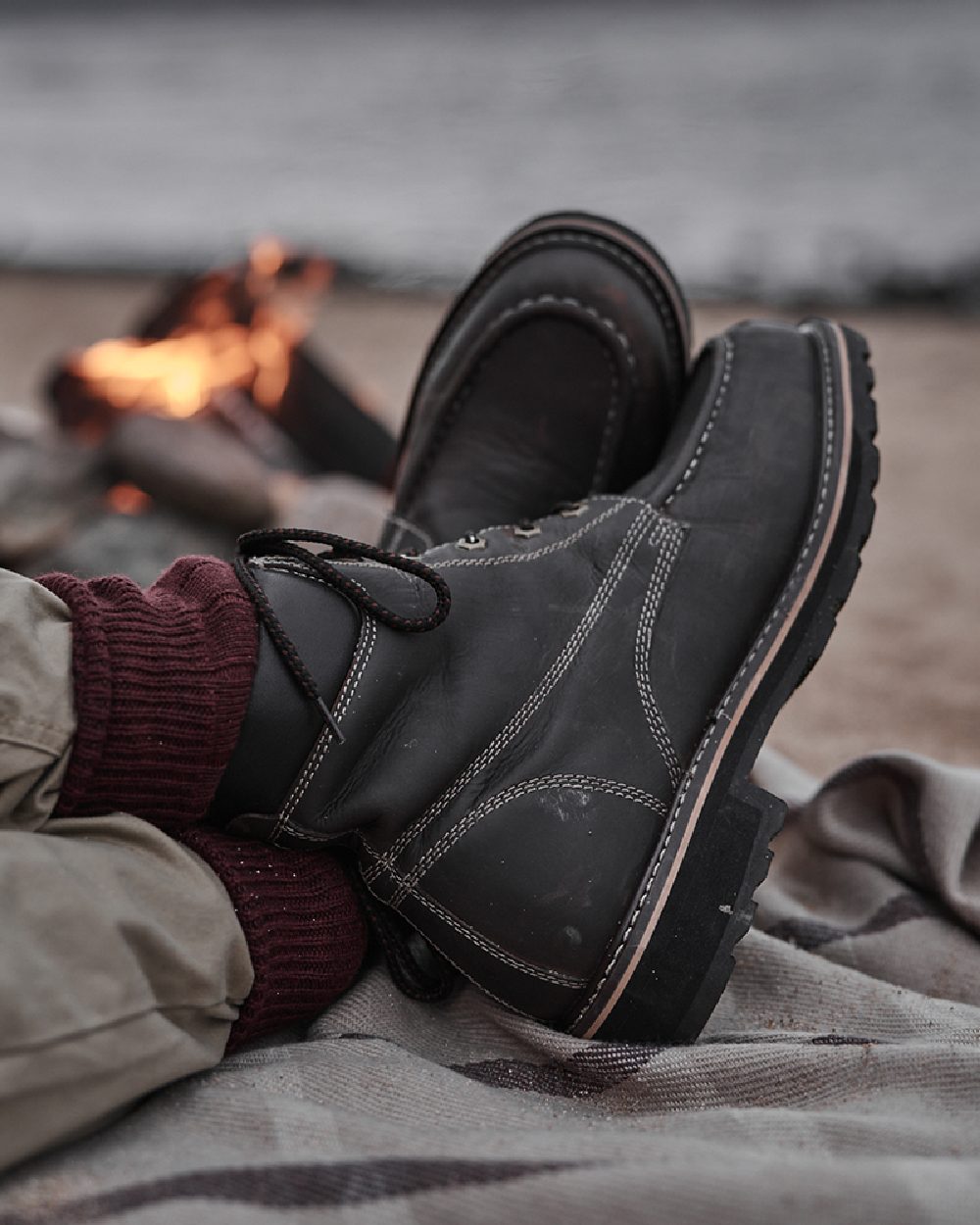 Oak Brown Coloured Hoggs of Fife Selkirk Moc Work Boots on bonfire background 