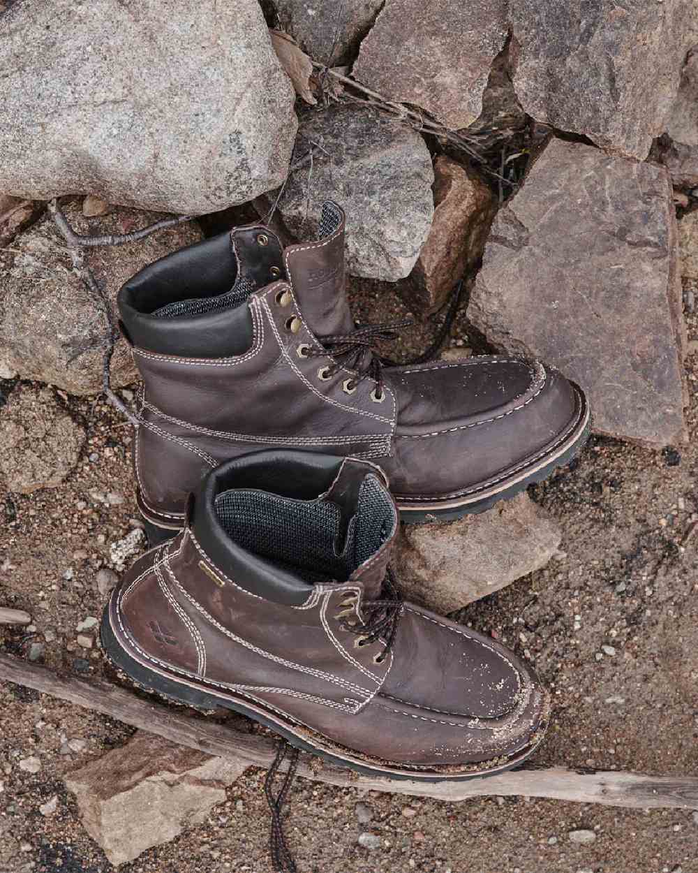 Oak Brown Coloured Hoggs of Fife Selkirk Moc Work Boots on land background 