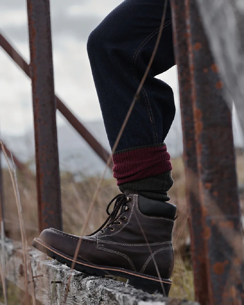 Oak Brown Coloured Hoggs of Fife Selkirk Moc Work Boots on countryside background 