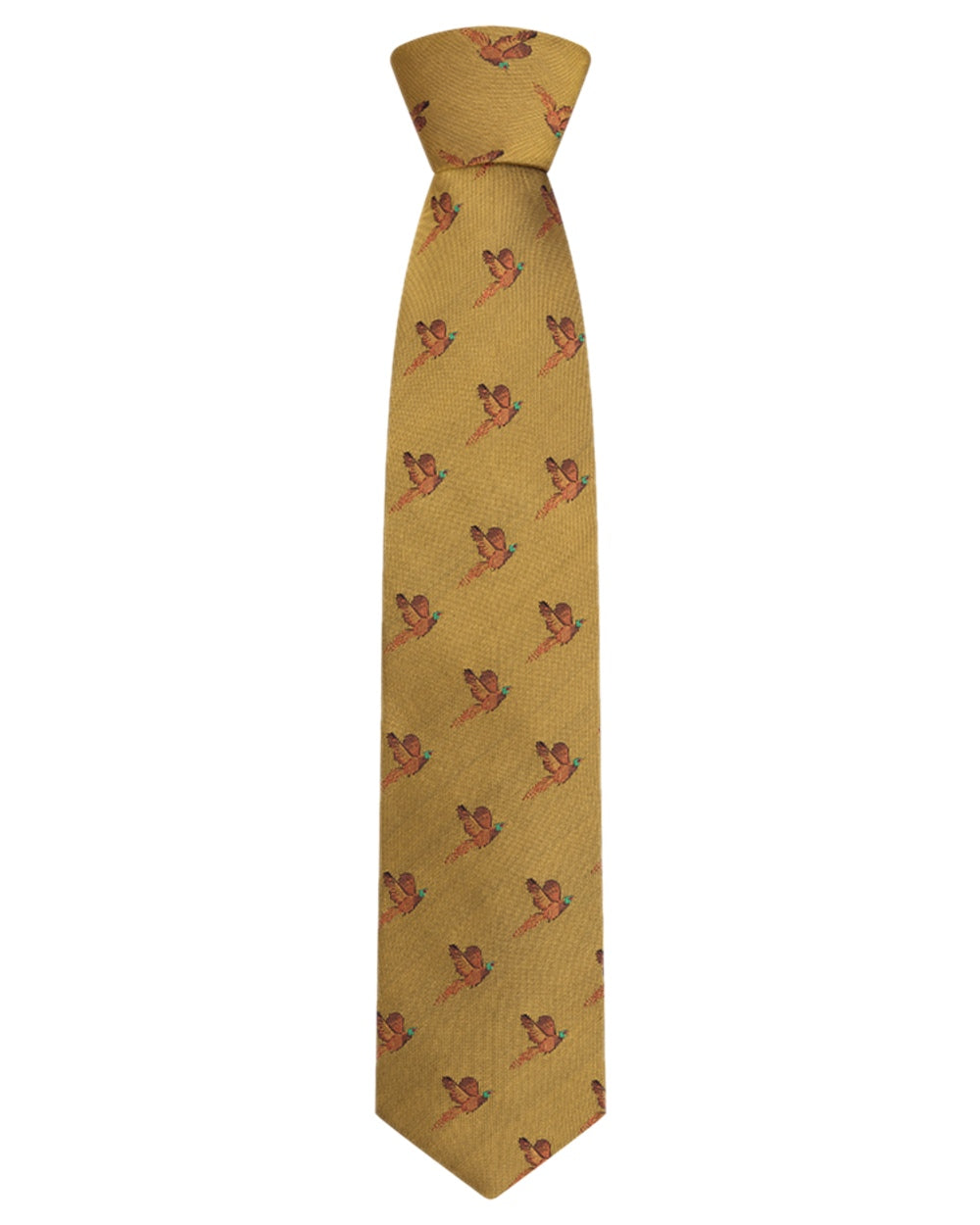 Gold Coloured Hoggs of Fife Silk Woven Tie Pheasants Boxed on white background 