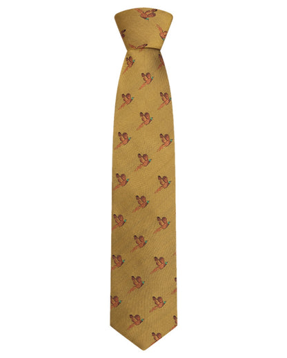 Gold Coloured Hoggs of Fife Silk Woven Tie Pheasants Boxed on white background 