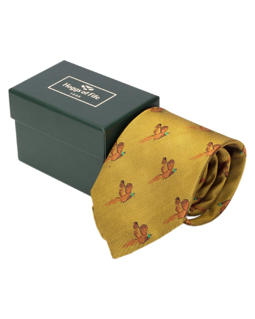 Gold Coloured Hoggs of Fife Silk Woven Tie Pheasants Boxed on white background 