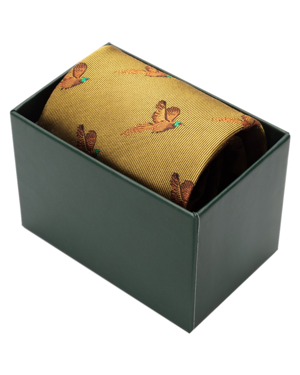 Gold Coloured Hoggs of Fife Silk Woven Tie Pheasants Boxed on white background 