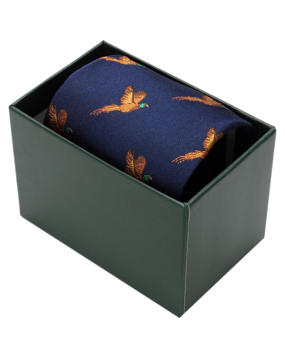 Navy Coloured Hoggs of Fife Silk Woven Tie Pheasants Boxed on white background 