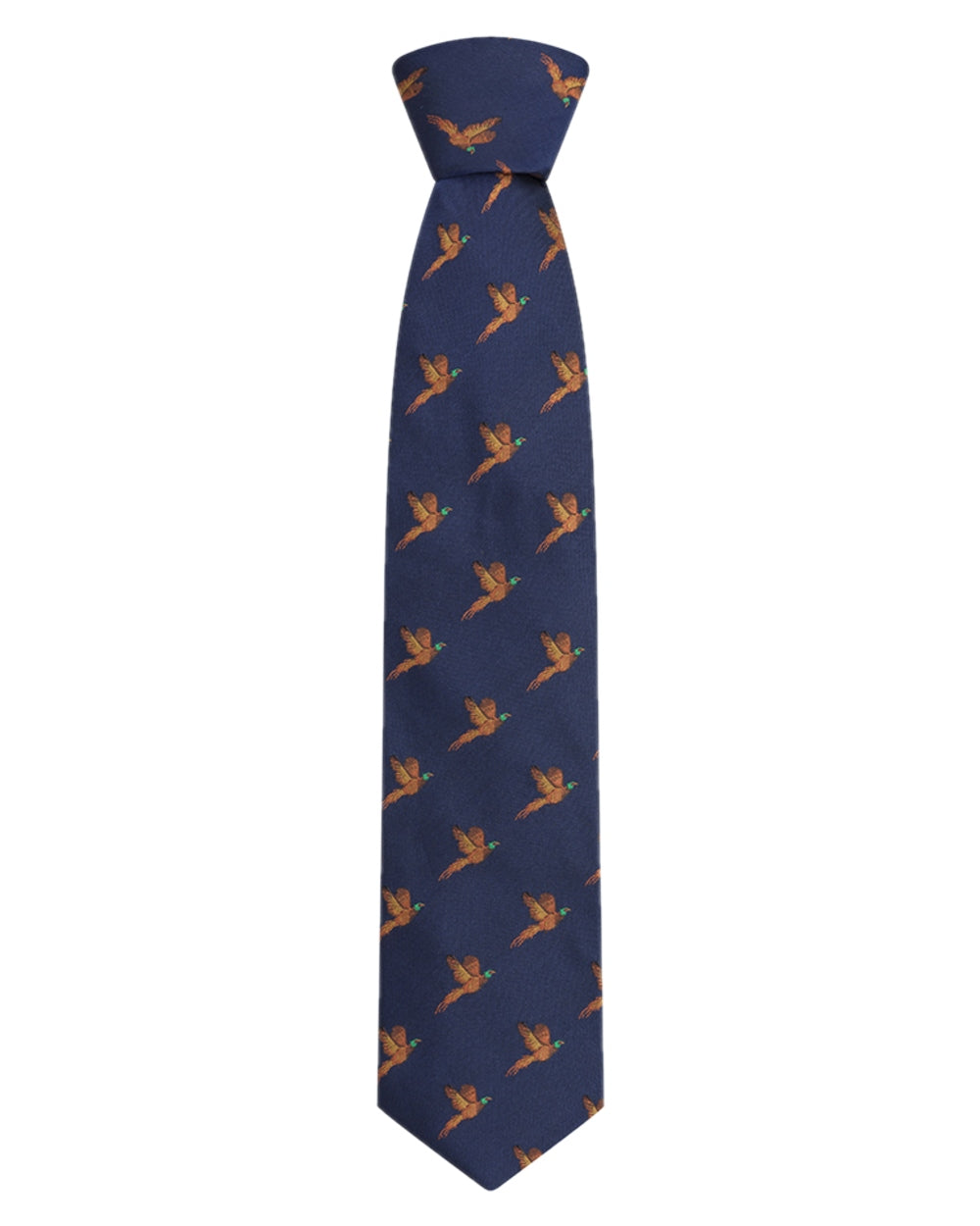 Navy Coloured Hoggs of Fife Silk Woven Tie Pheasants Boxed on white background 