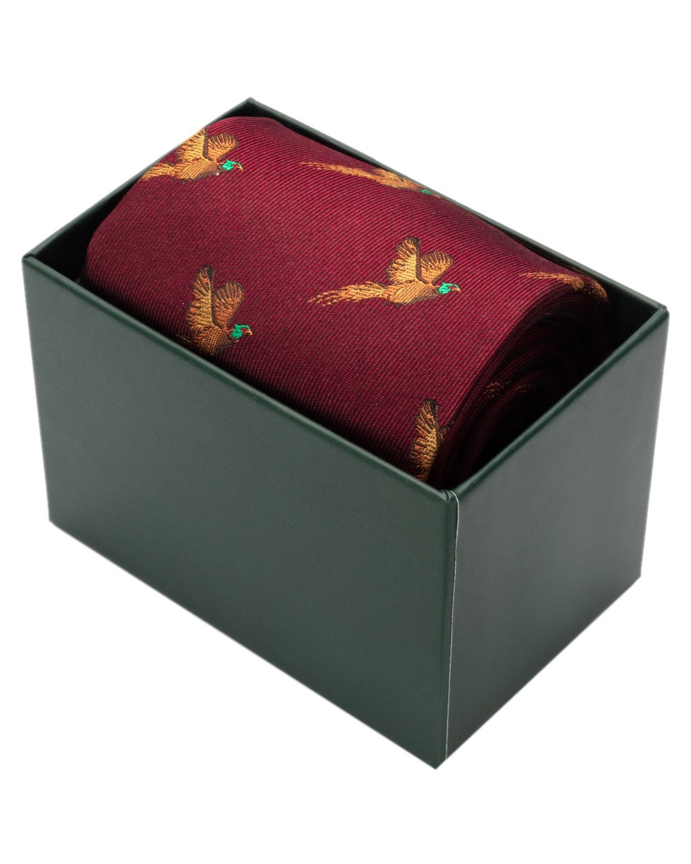 Wine Coloured Hoggs of Fife Silk Woven Tie Pheasants Boxed on white background 