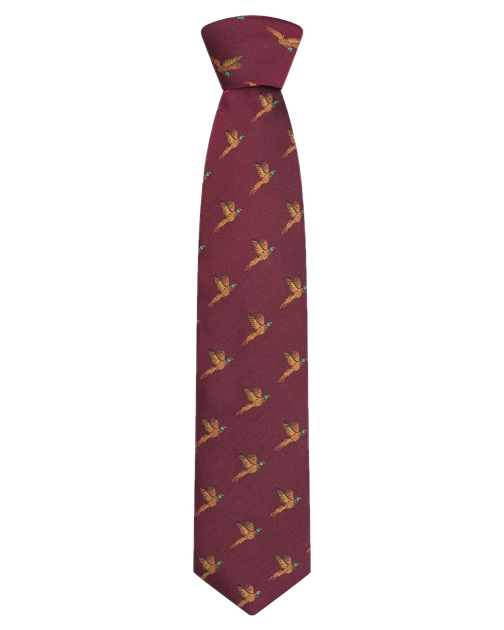 Wine Coloured Hoggs of Fife Silk Woven Tie Pheasants Boxed on white background 