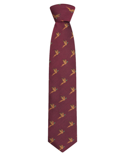 Wine Coloured Hoggs of Fife Silk Woven Tie Pheasants Boxed on white background 