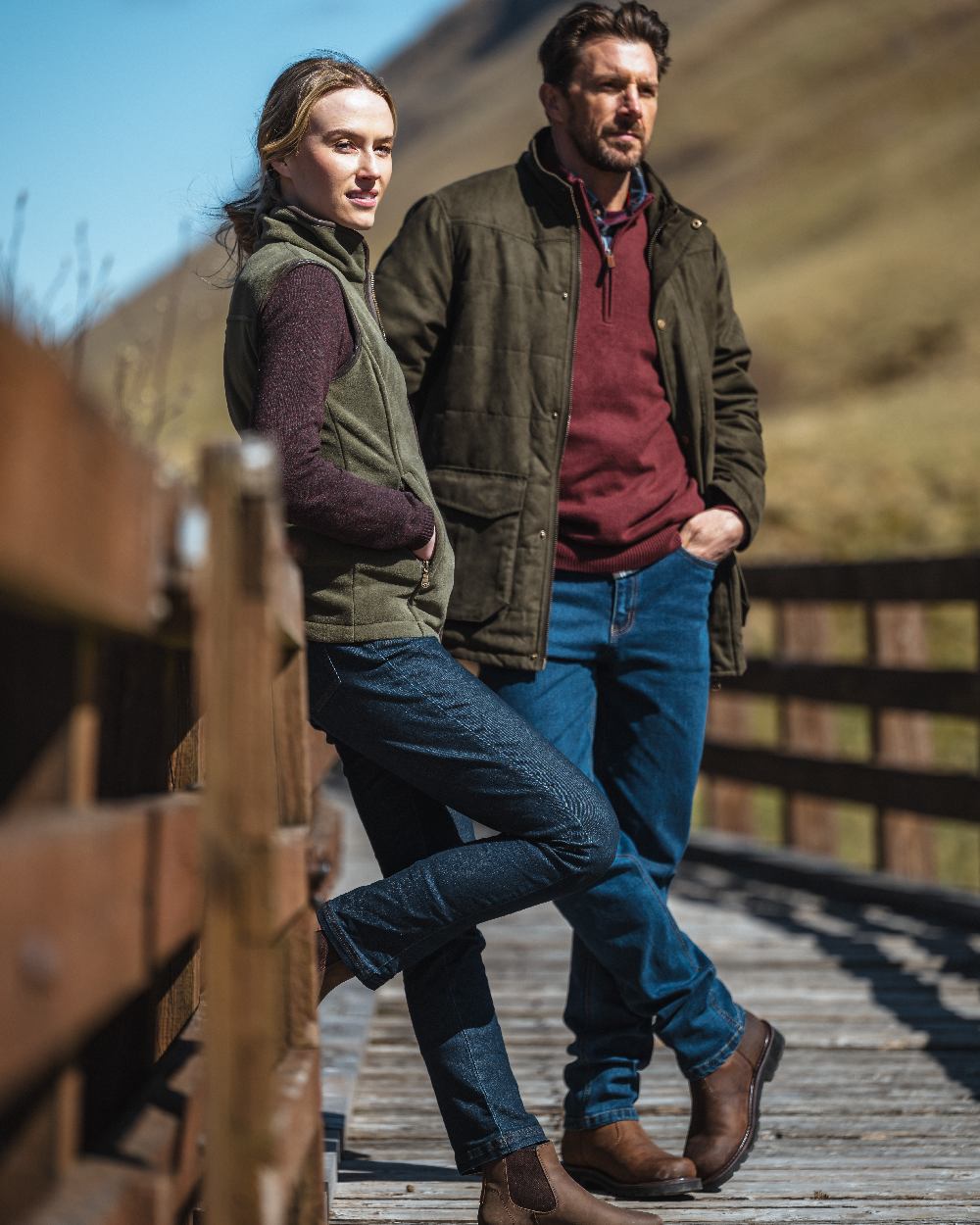 Lovat Coloured Hoggs of Fife Stenton Ladies Fleece Gilet on bridge background 