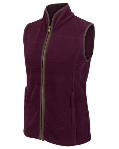 Merlot Coloured Hoggs of Fife Stenton Ladies Fleece Gilet on forest background 