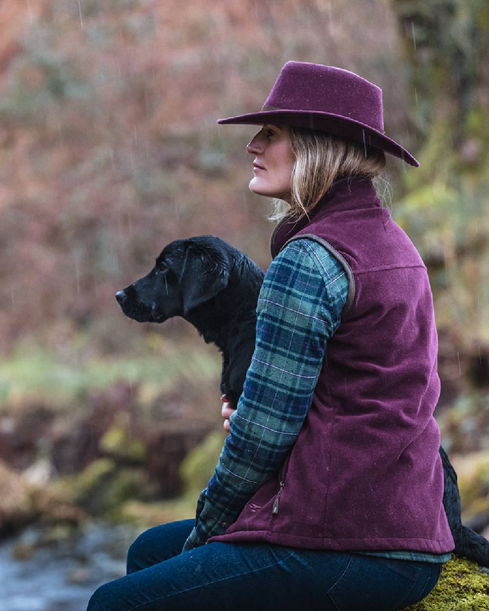 Merlot Coloured Hoggs of Fife Stenton Ladies Fleece Gilet on outdoor background 