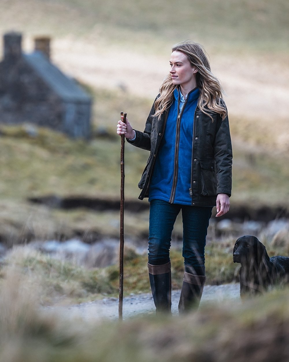 Nordic Blue Coloured Hoggs of Fife Stenton Ladies Fleece Gilet on blurry background 