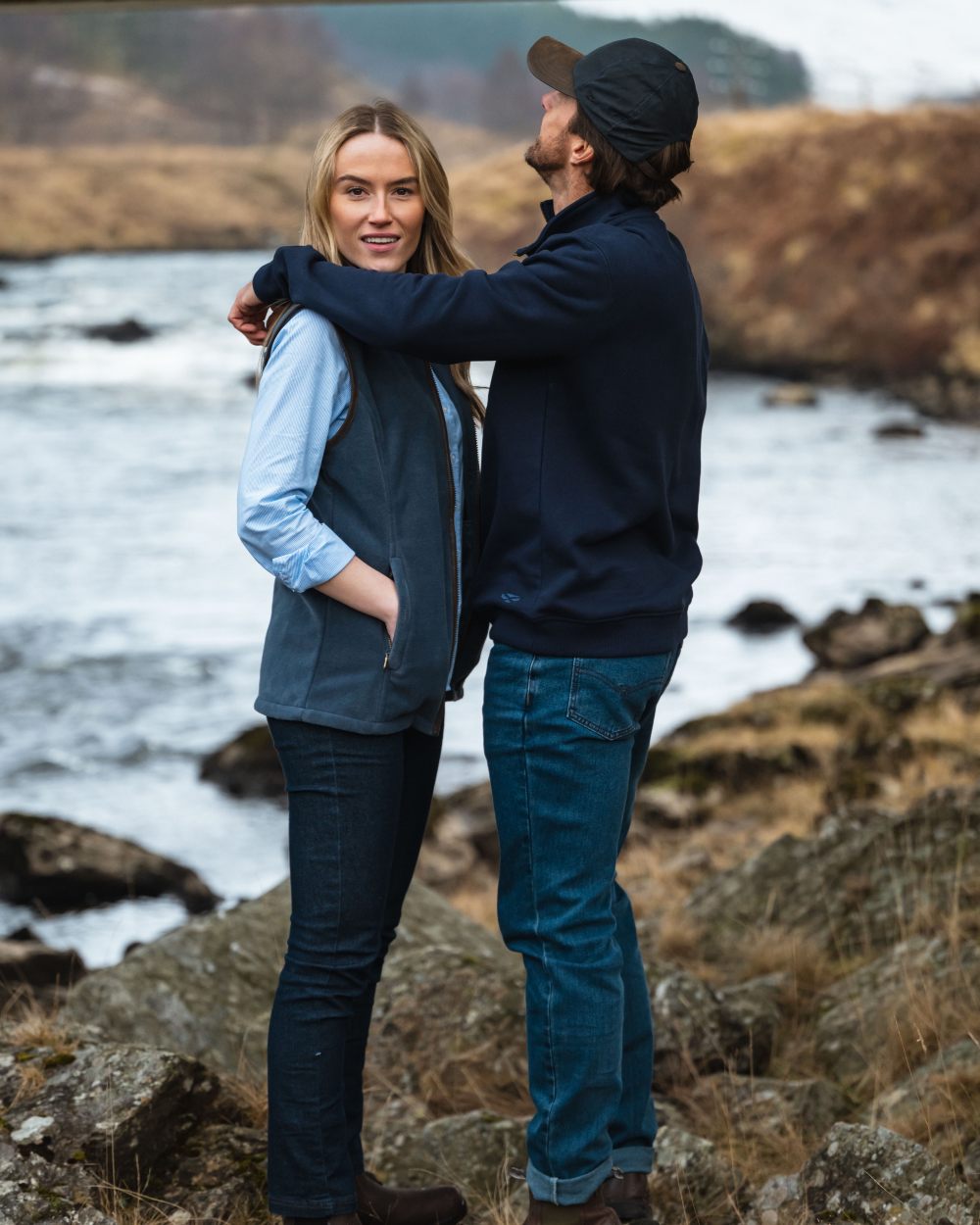 Slate Grey Coloured Hoggs of Fife Stenton Ladies Fleece Gilet on lake background 