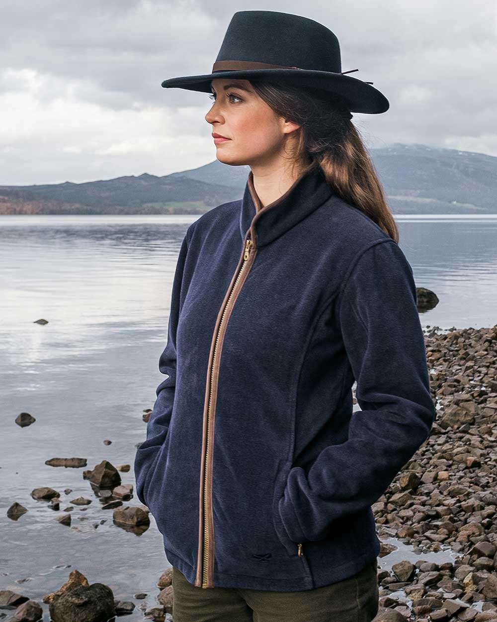 Navy Coloured Hoggs of Fife Stenton Ladies Fleece Jacket on coastal background 