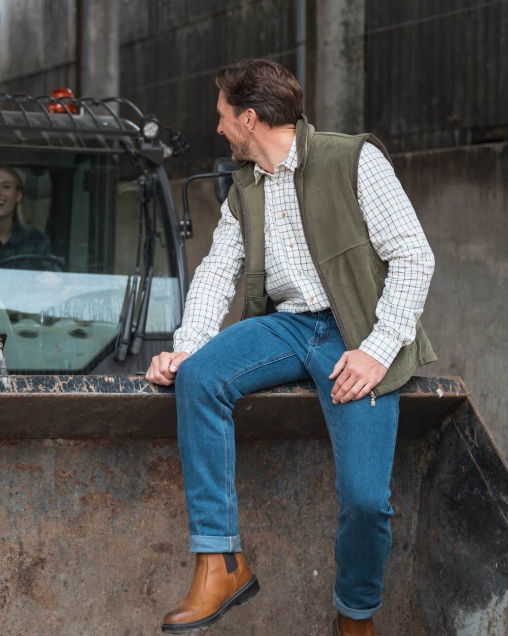 Lovat coloured Hoggs of Fife Stenton Technical Fleece Gilet on outdoor background 