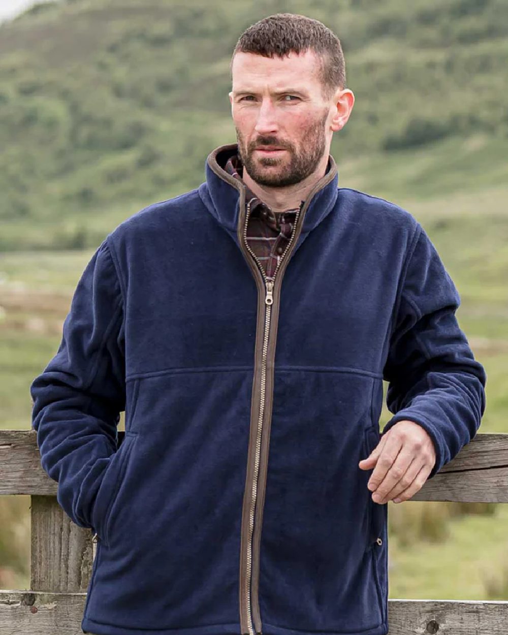 Midnight Navy Coloured Hoggs of Fife Stenton Technical Fleece Jacket on mountain background 