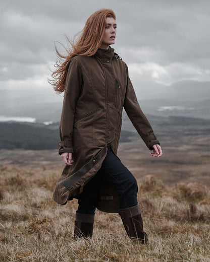 Sage Coloured Hoggs of Fife Struther Ladies Long Riding Coat on countryside background 