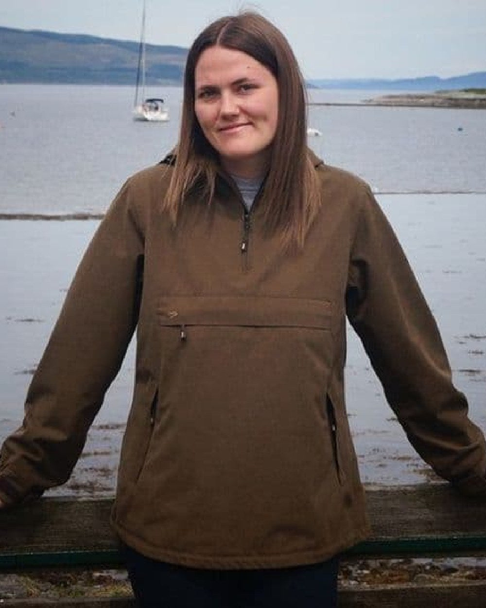 Sage Coloured Hoggs of Fife Struther Ladies Smock Field Jacket on sea background 