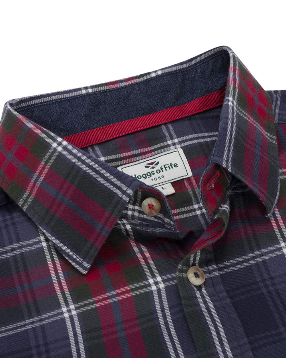 Navy Green Wine coloured Hoggs of Fife Taransay Plaid Twill Shirt on white background 