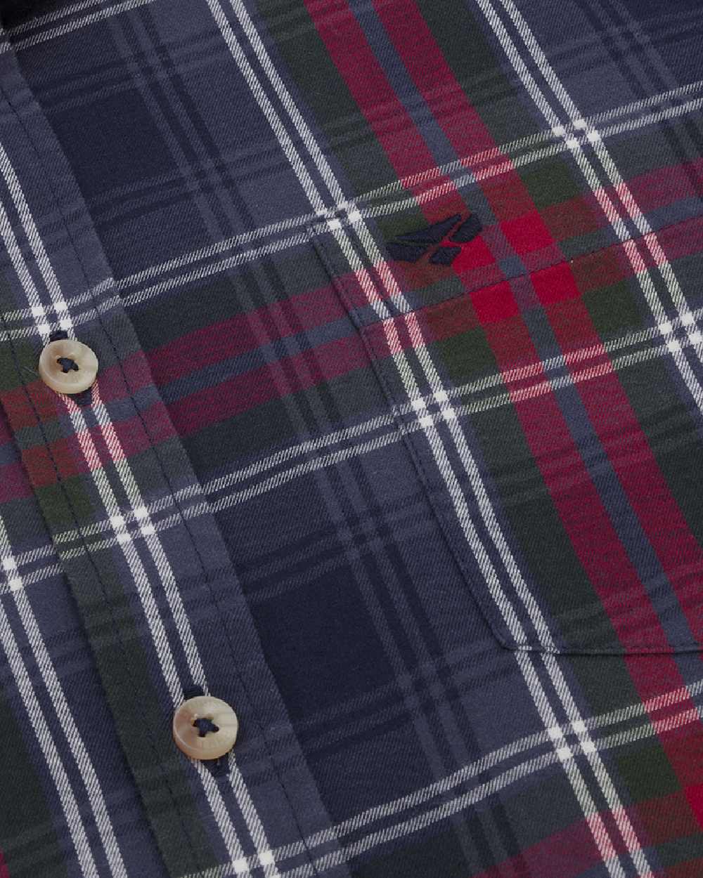 Navy Green Wine coloured Hoggs of Fife Taransay Plaid Twill Shirt on white background 