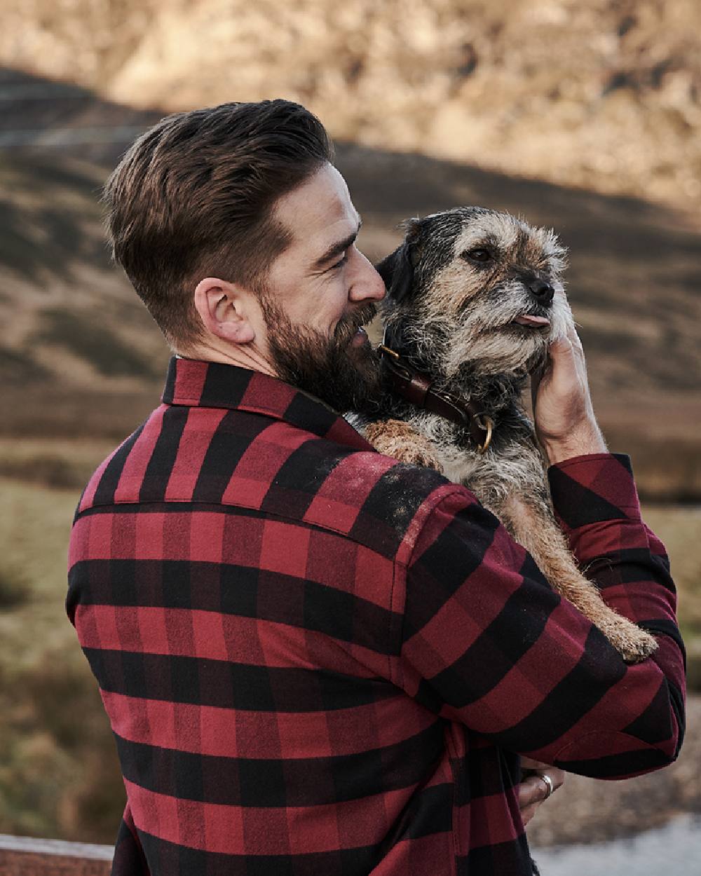 Red Black coloured Hoggs of Fife Tentsmuir Flannel Shirt on mountain background 