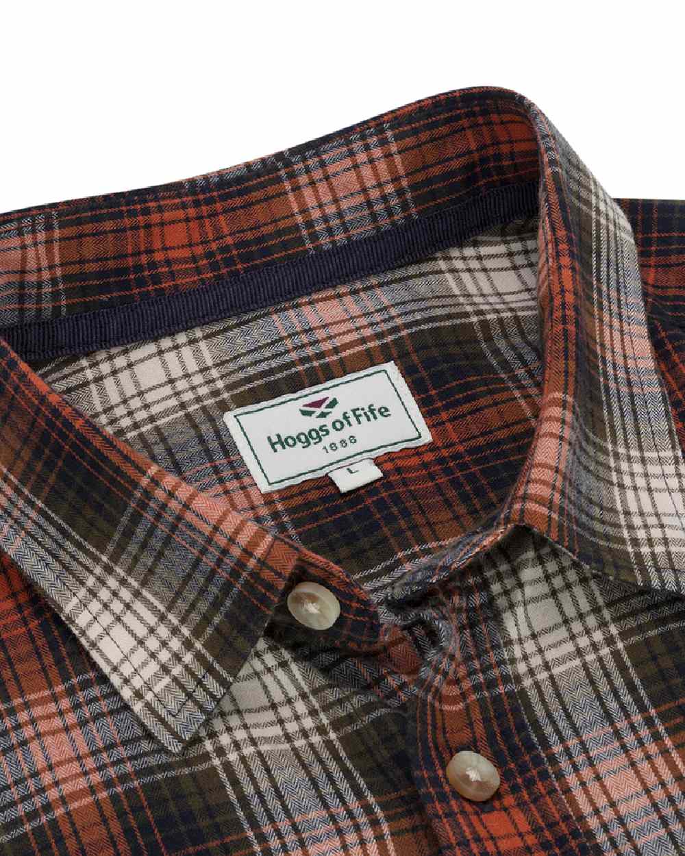 Rust Olive Navy coloured Hoggs of Fife Tiree Herringbone Check Shirt on white background 