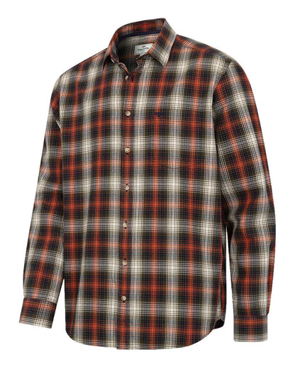 Rust Olive Navy coloured Hoggs of Fife Tiree Herringbone Check Shirt on white background 