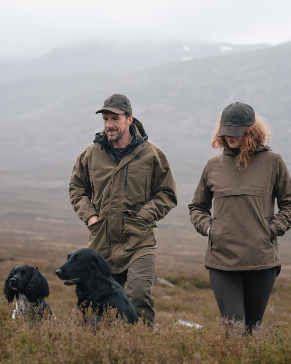 Olive coloured Hoggs of Fife Mens Torness Trilaminate 3-In-1 Jacket on moorland background 