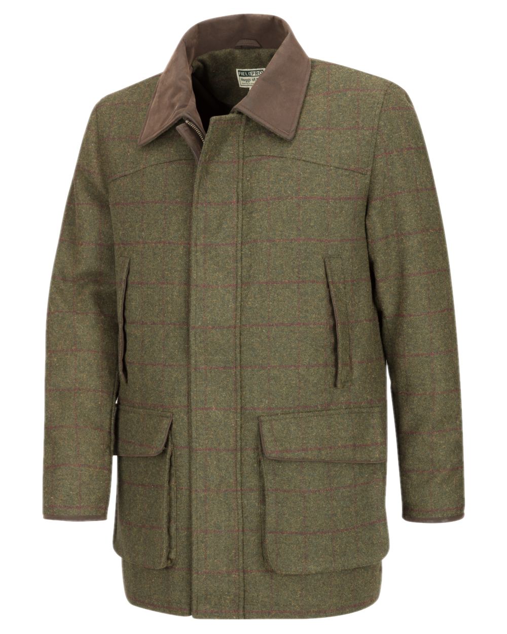 Olive Wine Coloured Hoggs of Fife Tummel Tweed Field Coat on white background 